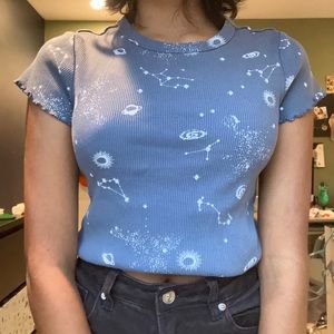 Mighty Fine blue too, ribbed, astrology graphics, size Small